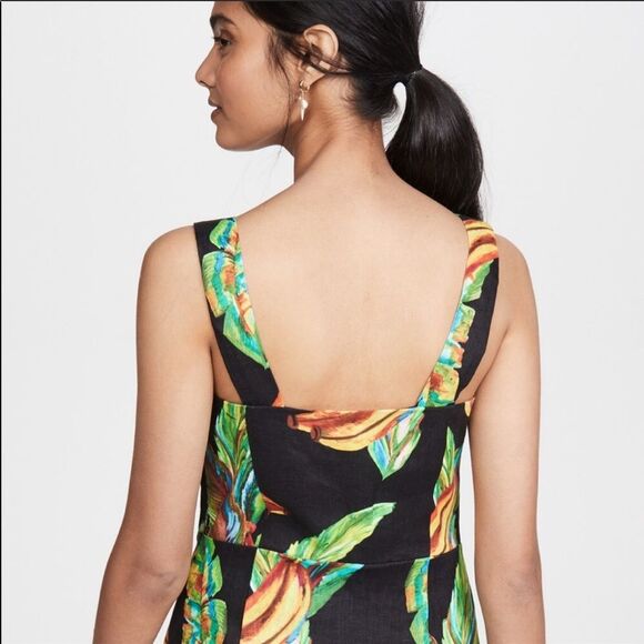 NWT FARM Rio Preta Black Bold Tropical Banana Print Square Neck Linen Mini Dress - Picture 8 of 11
